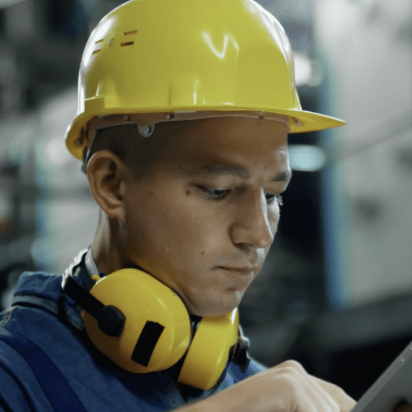 man wearing yellow hard hat on tablet